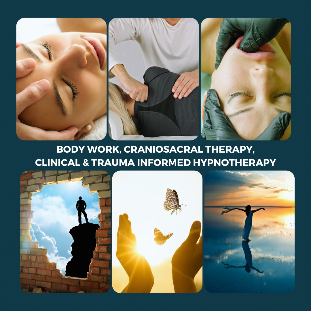 A collage of images depicting various activities including body work, craniosacral therapy, clinical and trauma-informed hypnotherapy, with a silhouette of a person reaching upwards, hands cupping a butterfly, and a person lying back relaxing.