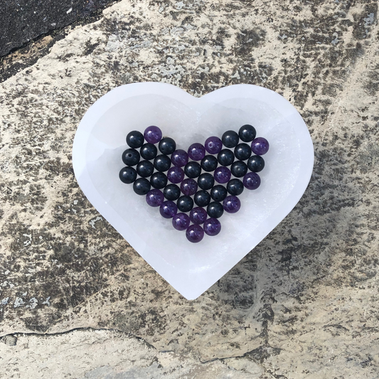 Calm and Focused bracelet featuring Amethyst and Shungite beads for emotional balance, clarity, and EMF protection. Handmade in NZ.