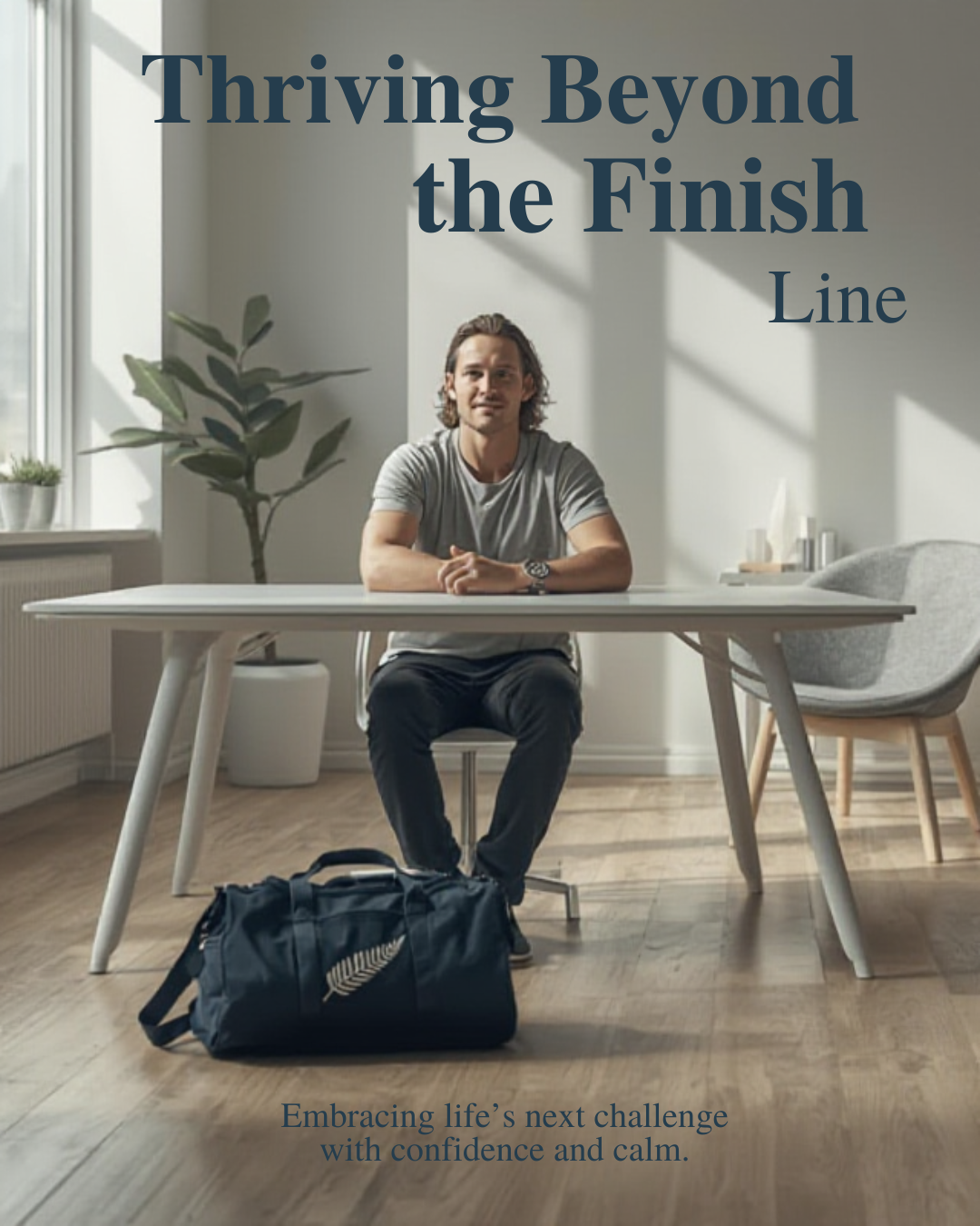 A retired athlete sitting at a desk with a laptop, gym bag nearby, representing transition to life after sport