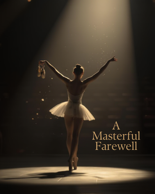 A ballerina stands alone on a dim stage holding her ballet shoes, reflecting after her final performance.