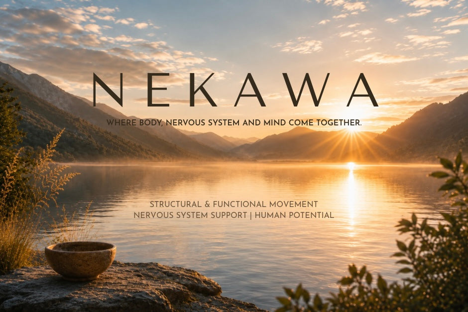A scenic landscape print or poster featuring a lake at sunrise with mountains in the background, overlaid with the brand name 'NEKAWA' and descriptive text about body, nervous system, and mind.